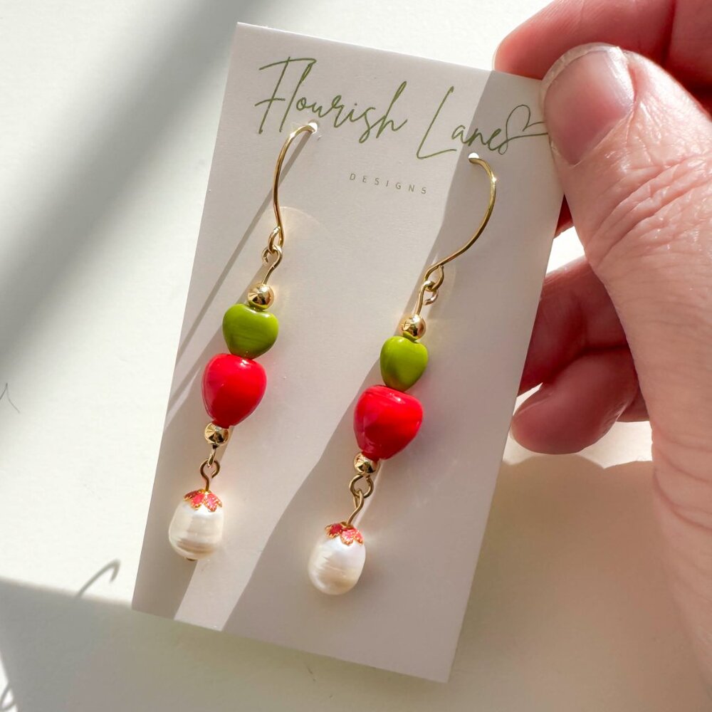 Apple Red Heart Beaded Drop Earrings Pearl Gold | Cute Artisan Statement - Picture 6 of 11